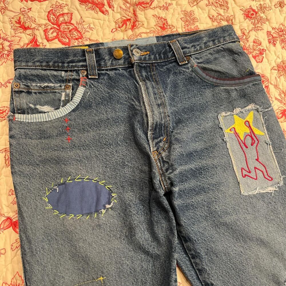 Beautiful Designer Master Naïf Sashiko Embroidered Levi Strauss Denim Jeans!
